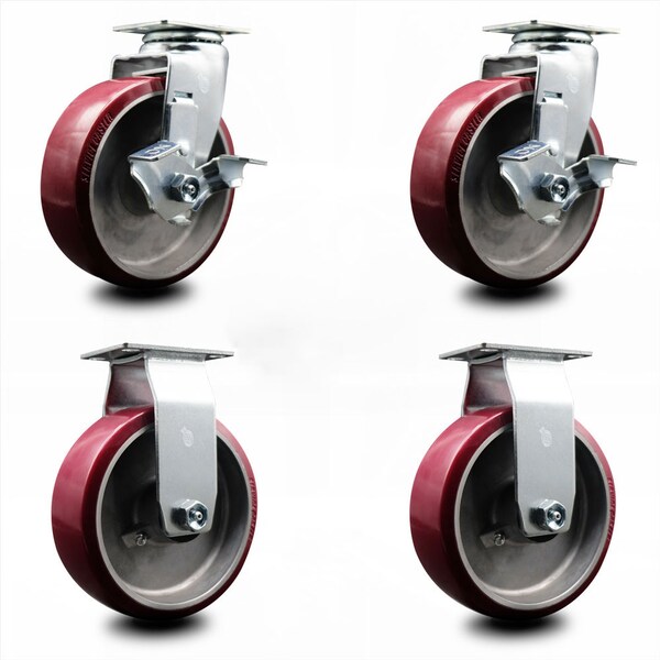 6 Inch Poly on Aluminum Caster Set with Ball Bearings 2 Brakes 2 Rigid SCC